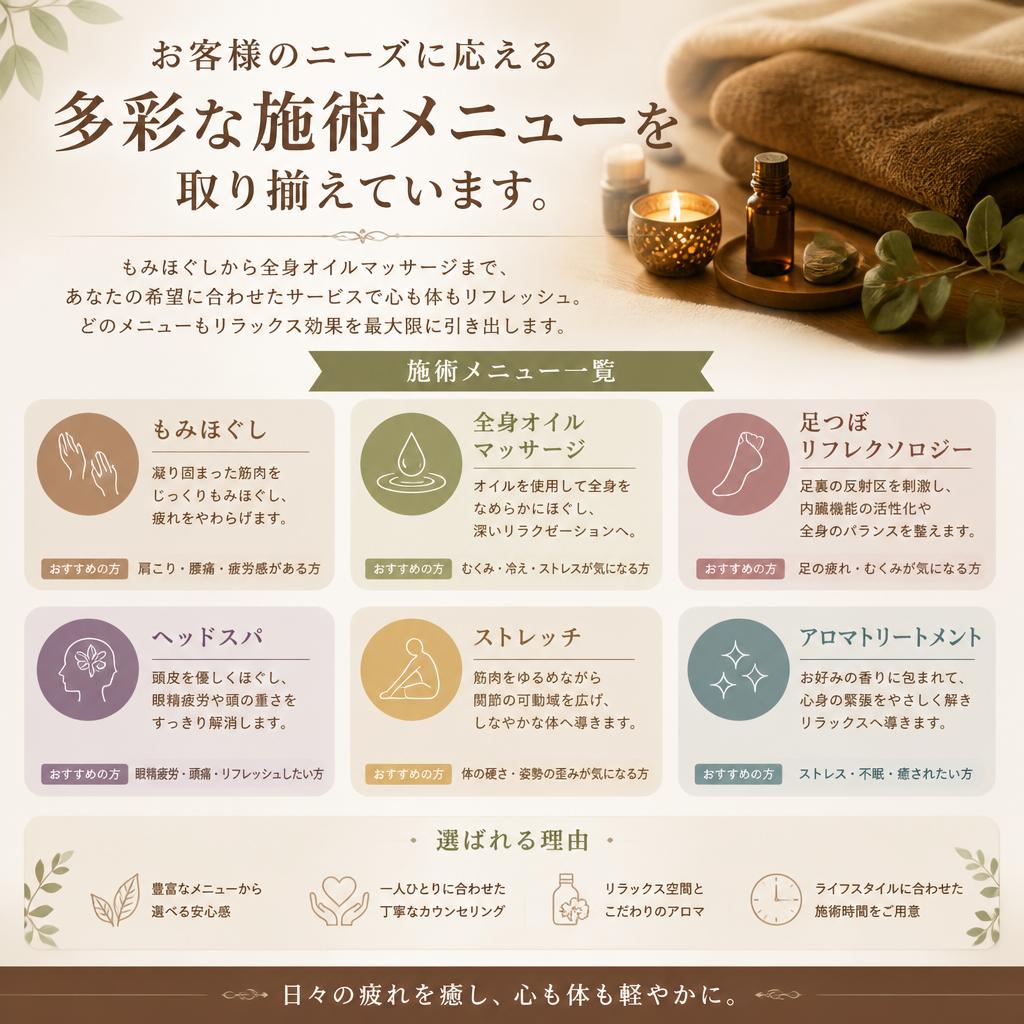 多彩なメニューであなただけのリラックス