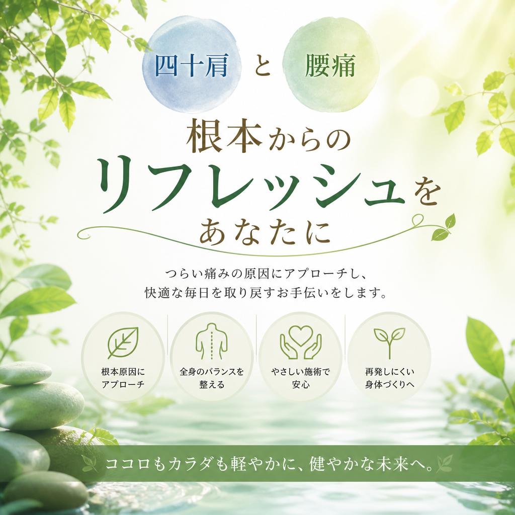 四十肩と腰痛、根本からのリフレッシュをあなたに