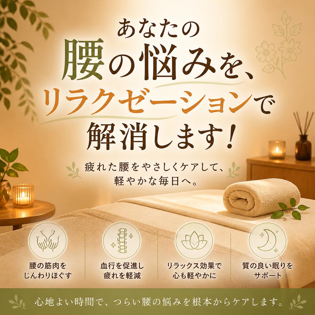 あなたの腰の悩みを、リラクゼーションで解消します！