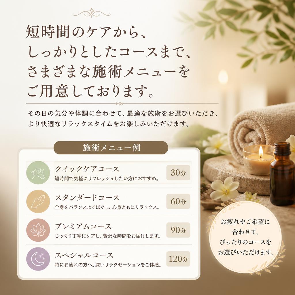 多様なメニューでお好みに応じたケアを