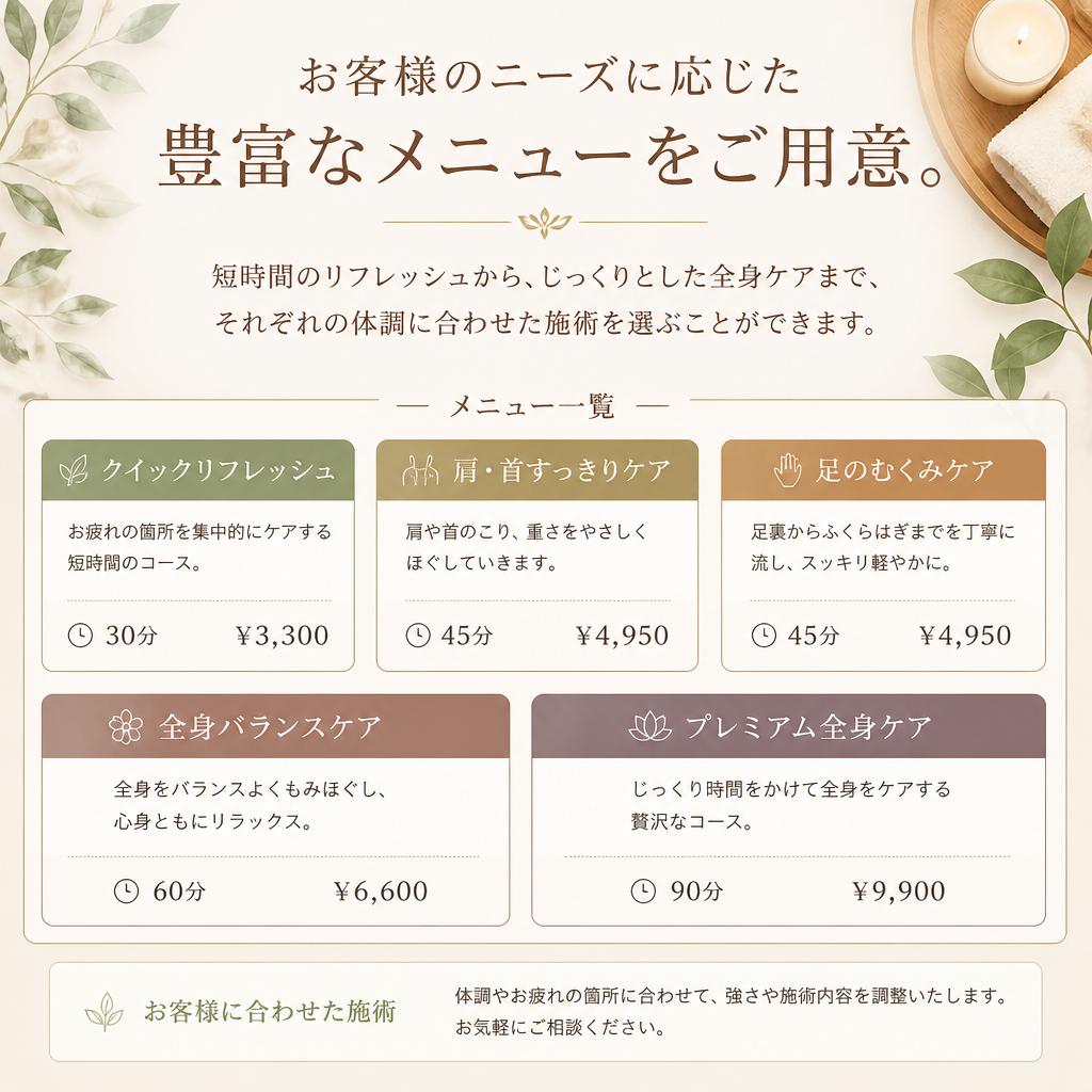 多彩なメニューで選べる施術