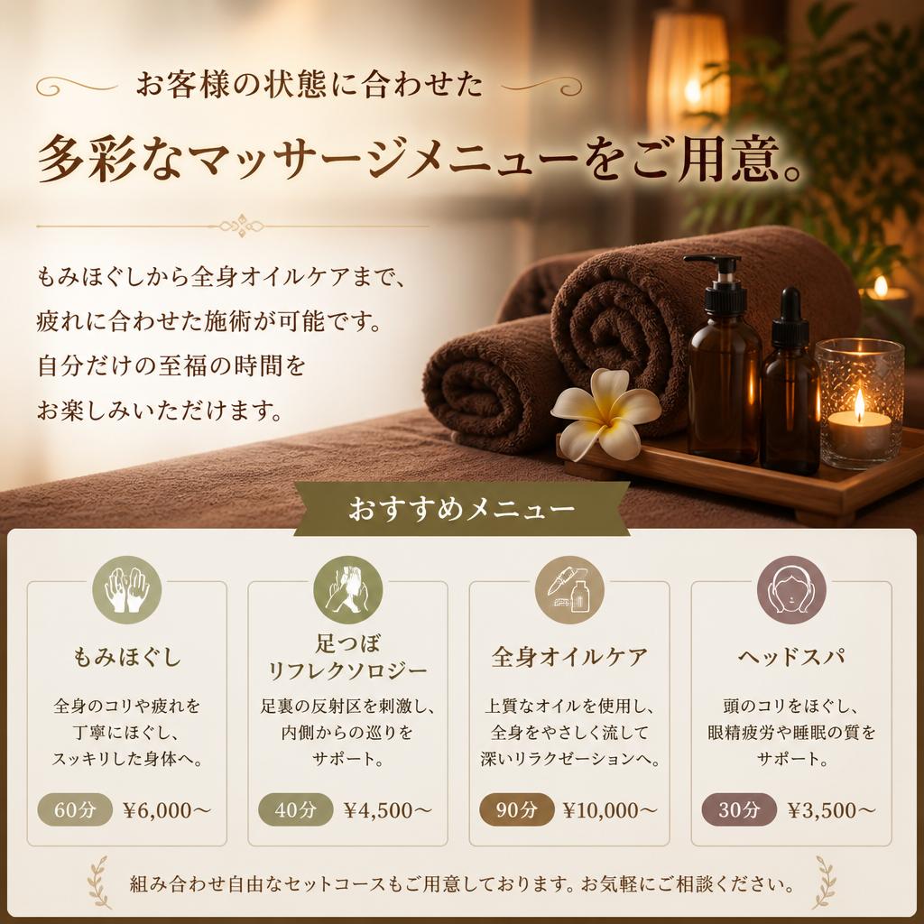 多様なメニューから選べるリラクゼーション