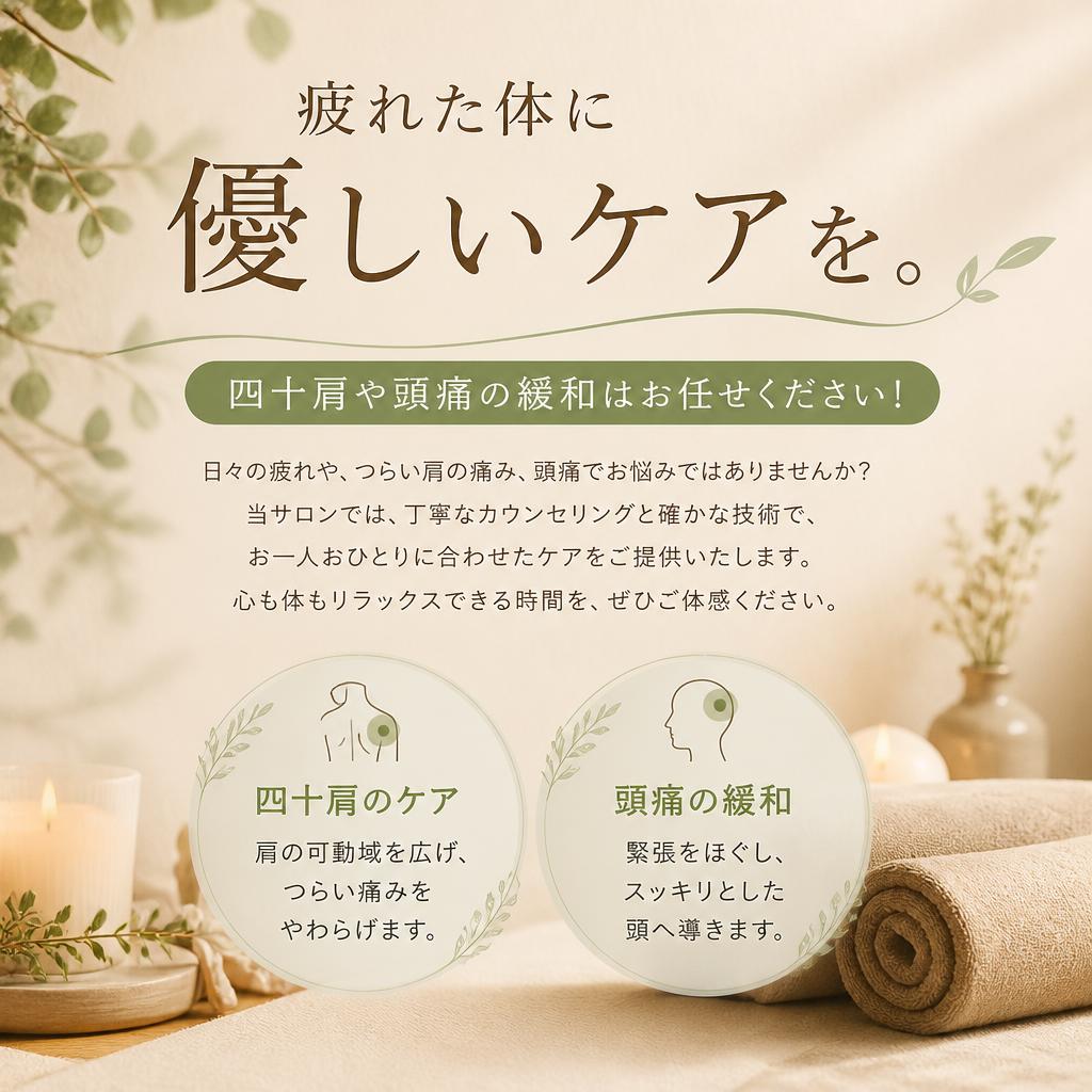 疲れた体に優しいケアを。四十肩や頭痛の緩和はお任せください！