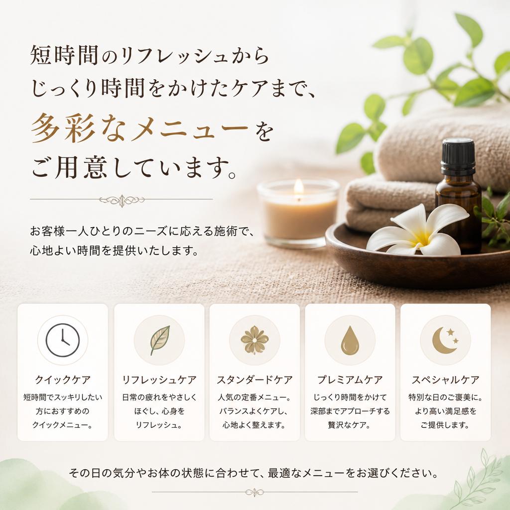 多彩なメニューでお好みに応じた施術
