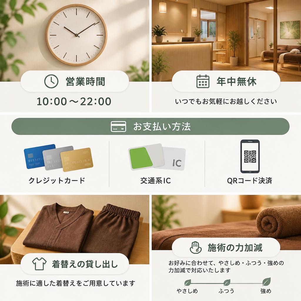 初めてでも気軽に。夜まで営業、手ぶらに近い来店も歓迎