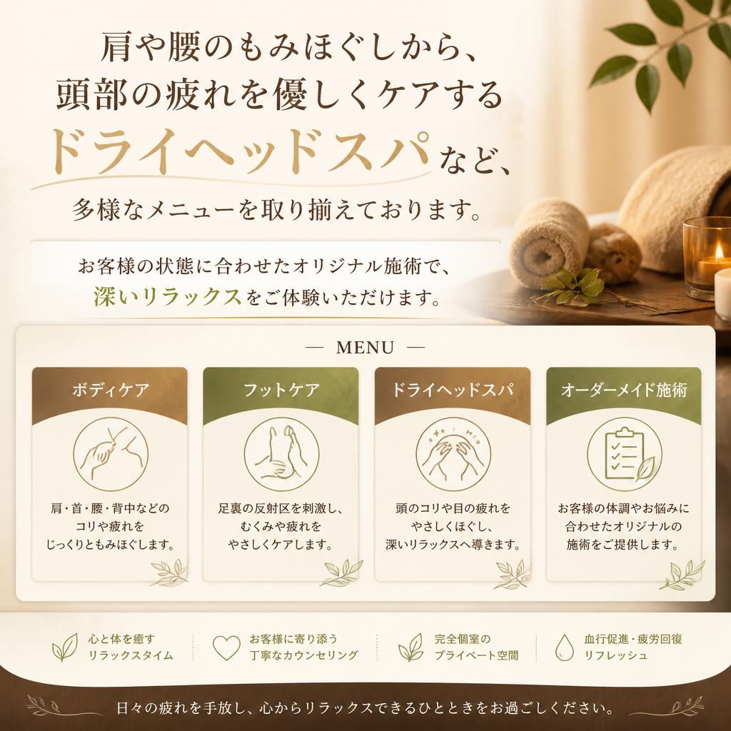 多彩な施術メニューで心身をリフレッシュ