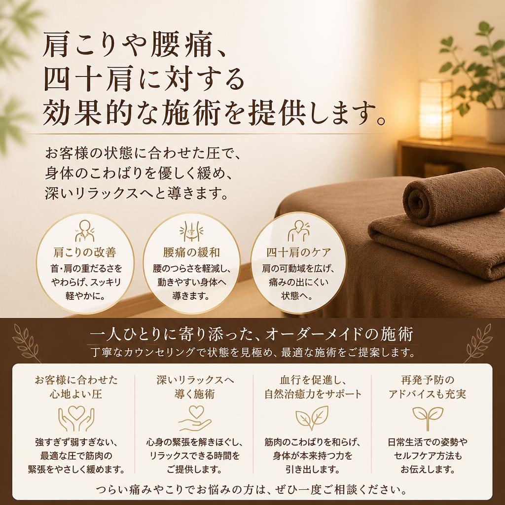肩こりや腰痛に特化したもみほぐし